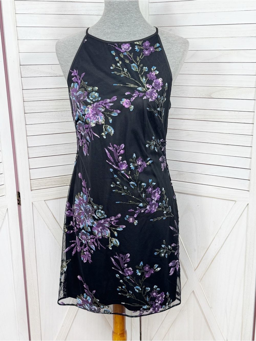WHBM Floral Sequin Halter Mini Sheath Dress Black Purple Size 4 Party Sleeveless